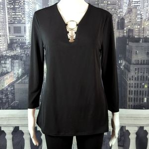 36. International Concepts sz M Jet Black Long Sleeve V-Neck Top - Metal Circles